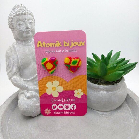 Handmade multi-color polymer clay earrings. Boucles d'oreilles fait à la main - Picture 2 of 6